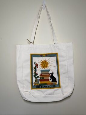 THE BOOK LOVER Canvas Tote Bag with Embroidery Tarot Card Cat Books